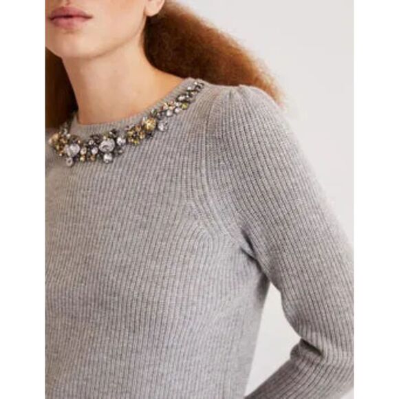 Boden Jeweled Neckline Ribbed Sweater - Gray 8 - Picture 4 of 10